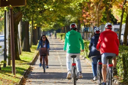 a group of people riding on the back of a bicycle