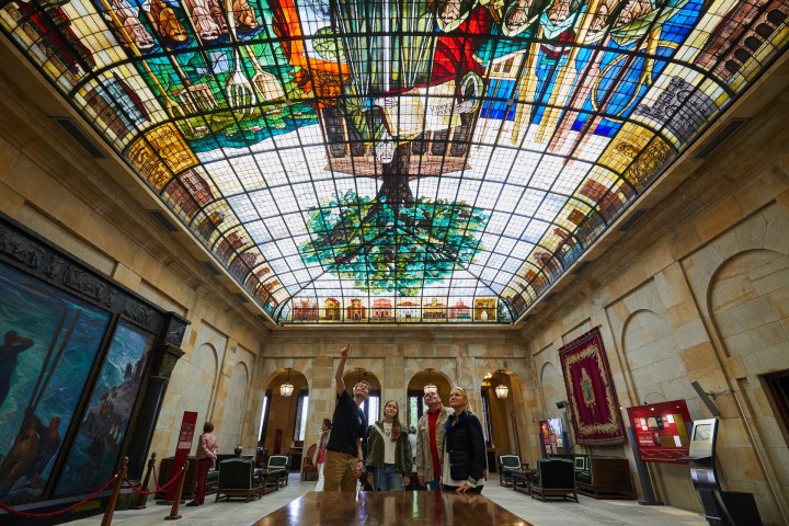 a group of people standing in a room